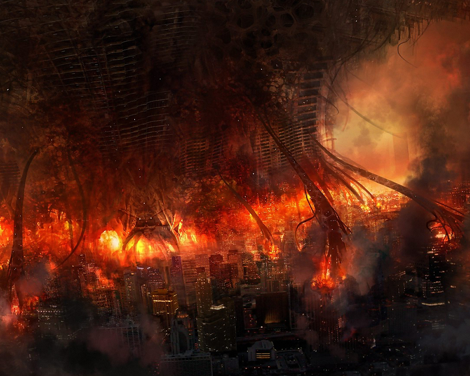 Фантастика конец света. Горящий город. Город в огне. Разрушенный мир. Апокалипсис огонь.